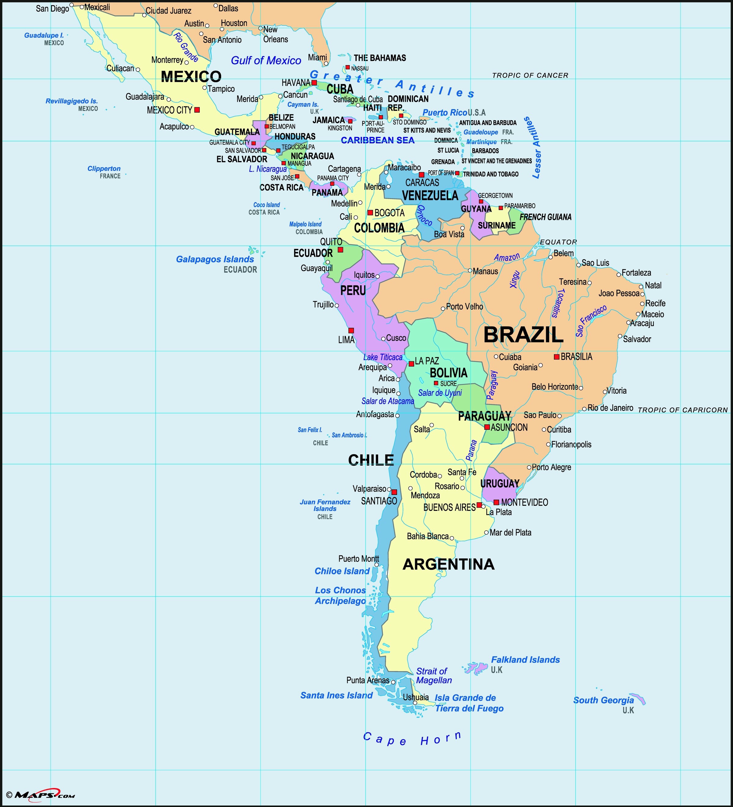 Latin America consists of nineteen sovereign states and several territories and dependencies which cover an area that stretches from the northern border of Mexico to the southern tip of South America, including the Caribbean. It has an area of approximately 19,197,000 km2 (7,412,000 sq mi),[1] almost 13% of the Earth's land surface area. As of 2016, its population was estimated at more than 639 million